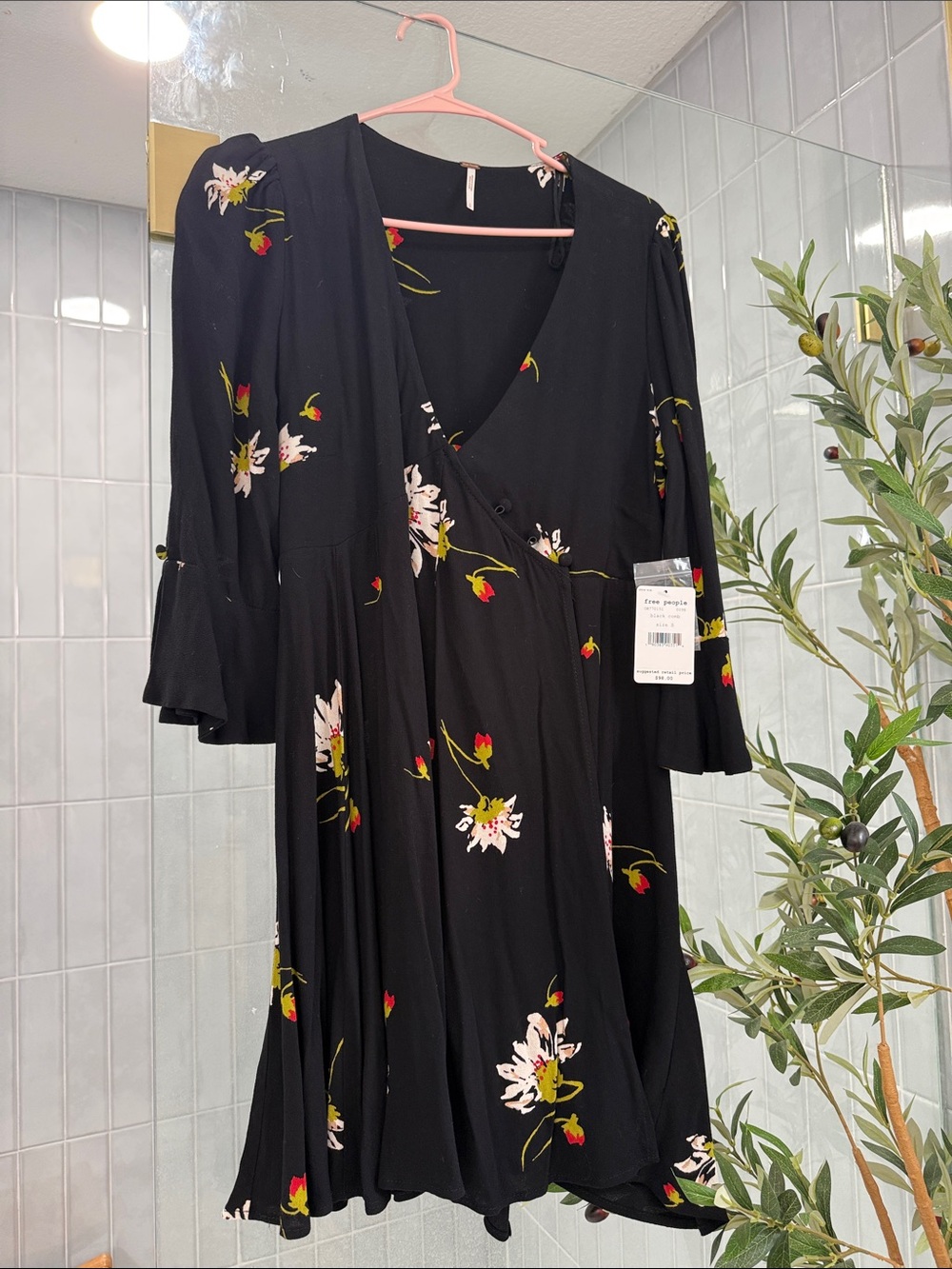 Free People Black Floral Wrap Midi Dress with Red and Green Floral Accents